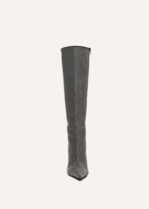 Tall pointed toe boots in black diamante crystals
