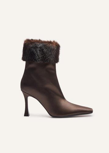 AW23 ANKLE BOOTS SATIN BROWN FAUX FUR