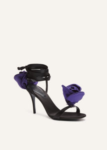 Double purple flower heel sandals in black satin