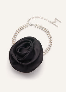 Satin flower crystal choker necklace in black