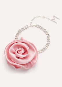 Satin flower crystal choker necklace in pink