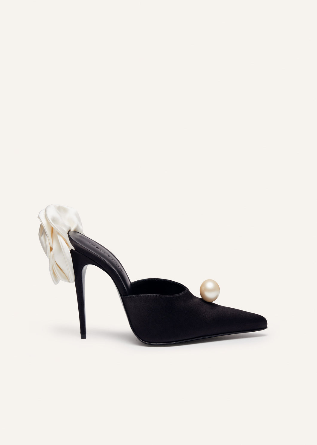 PF23 FLOWER HEEL MULES SATIN BLACK PEARL