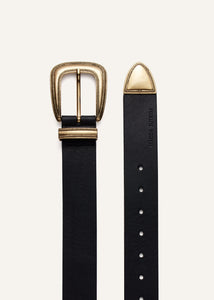 Gold-tone buckle belt in black leather