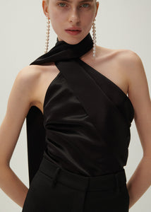 Silk wrap neck top in black