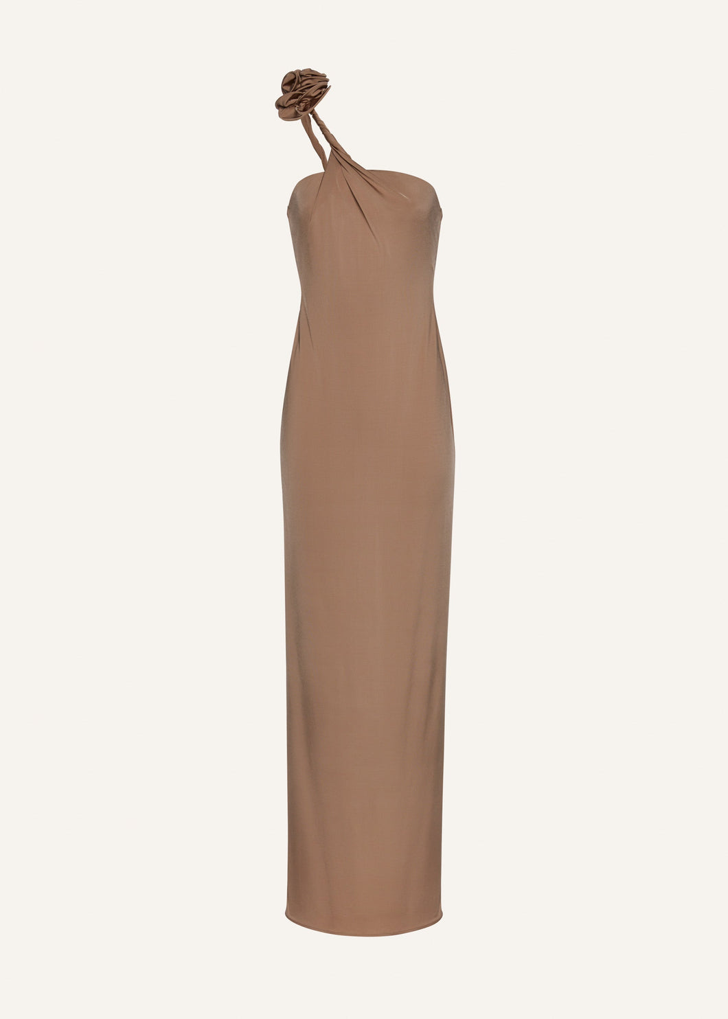 One shoulder rose appliqué jersey midi dress in beige