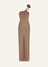 Load image into Gallery viewer, One shoulder rose appliqué jersey midi dress in beige
