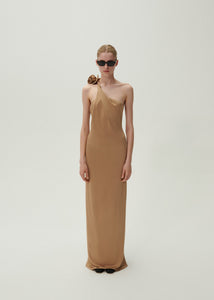 One shoulder rose appliqué jersey midi dress in beige