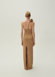 One shoulder rose appliqué jersey midi dress in beige