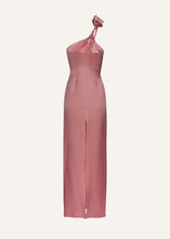 Load image into Gallery viewer, One shoulder rose appliqué silk midi dress in pink
