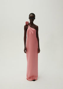 One shoulder rose appliqué silk midi dress in pink