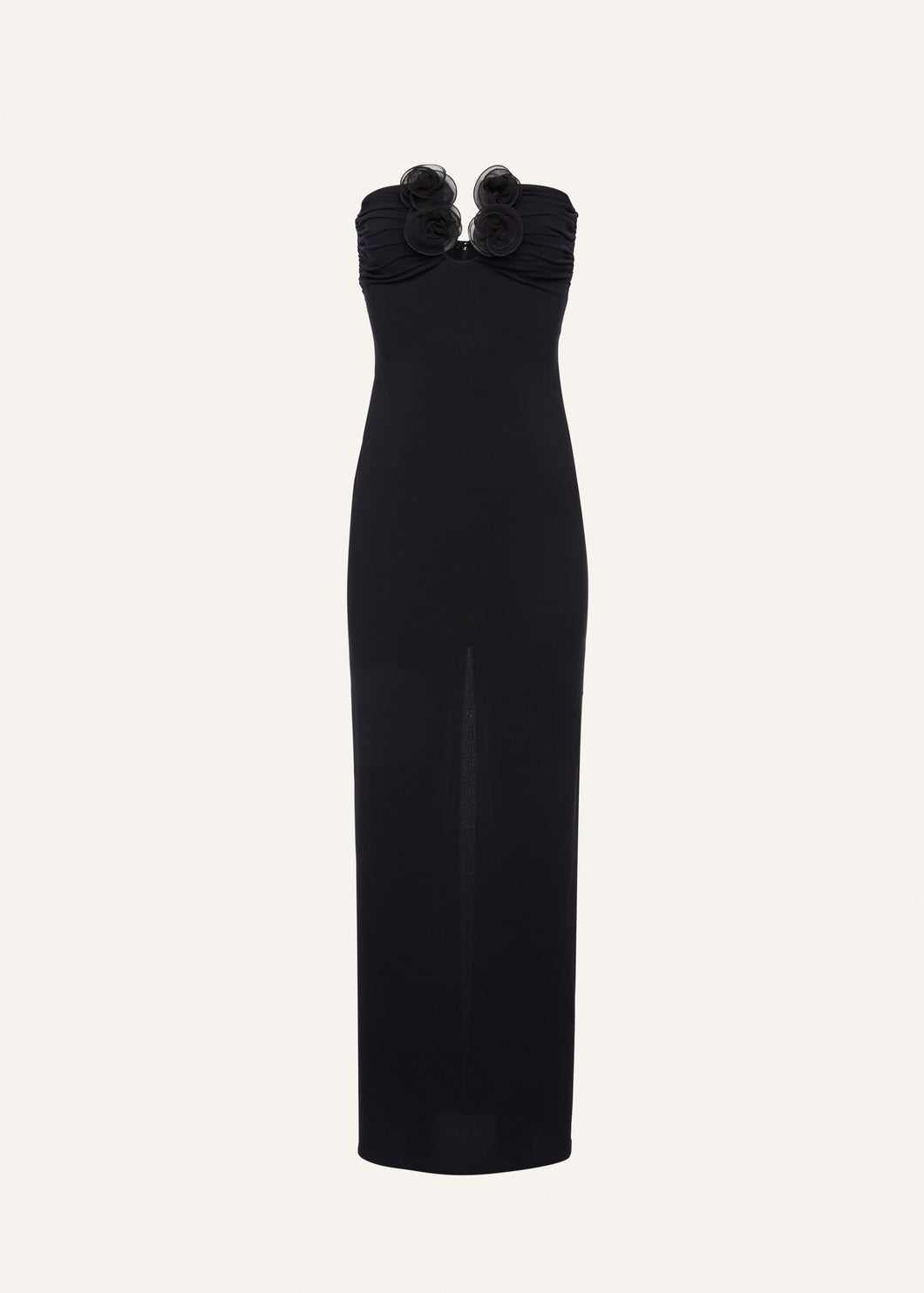 Strapless flower appliqué maxi dress in black