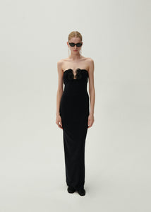 Strapless flower appliqué maxi dress in black