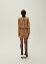 Load image into Gallery viewer, Long sleeve draped silk mini dress in beige
