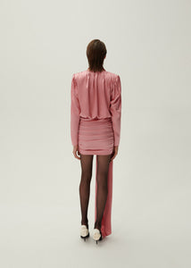 Long sleeve draped silk mini dress in pink