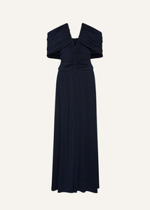 V neck ruched wrap maxi dress in navy