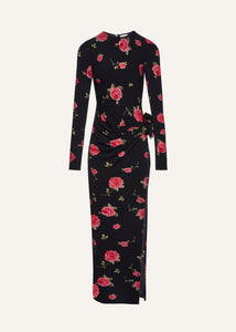 Gathered long sleeve maxi dress in black print