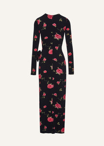 Gathered long sleeve maxi dress in black print