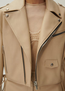 Cropped leather biker jacket in beige