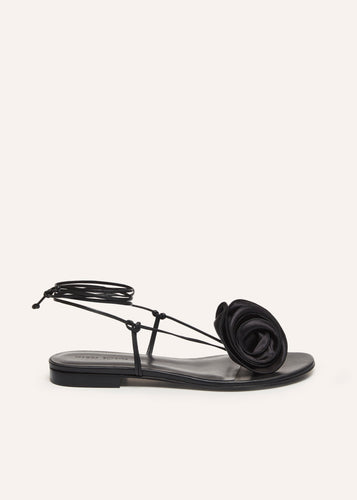 SS23 WRAP AROUND FLAT FLOWER SANDALS SATIN BLACK