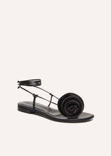 Load image into Gallery viewer, SS23 WRAP AROUND FLAT FLOWER SANDALS SATIN BLACK

