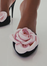 Load and play video in Gallery viewer, Flower peep toe mules in black suede
