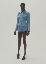 Load and play video in Gallery viewer, Fitted denim peplum blazer in light blue
