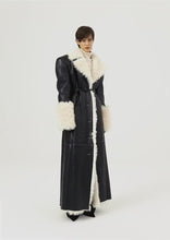 Load and play video in Gallery viewer, Long belted shearling leather coat in black
