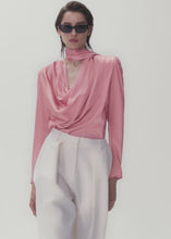 Load and play video in Gallery viewer, Long sleeve draped silk blouse in pink
