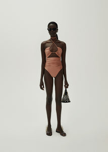 Criss cross halter swimsuit in metallic blush